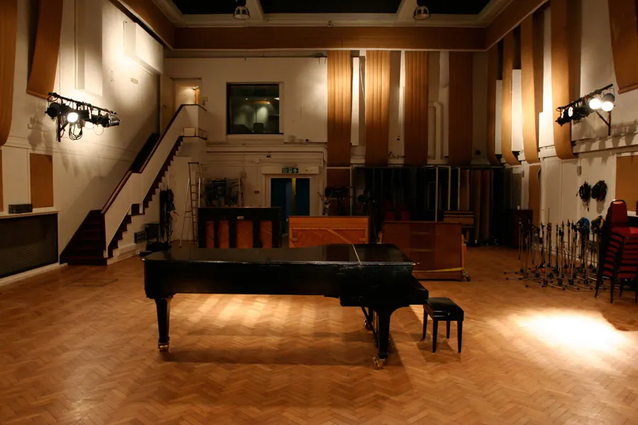 A grand piano and other pianos in Studio Two at Abbey Road Studios, London, where the album was recorded, photographed in 2008.