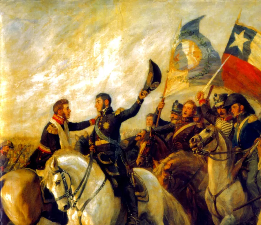 The Embrace of Maipú: San Martín and O'Higgins meet after the victory, painted by Pedro Subercaseaux in 1908.