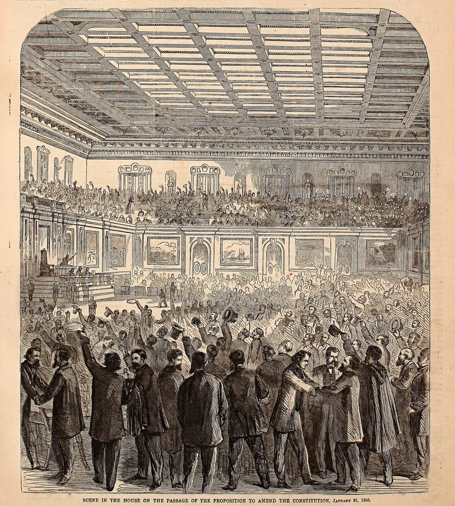 Harper's Weekly's engraving of the celebration in the House of Representatives after the vote on the Thirteenth Amendment, published 18 February 1865.