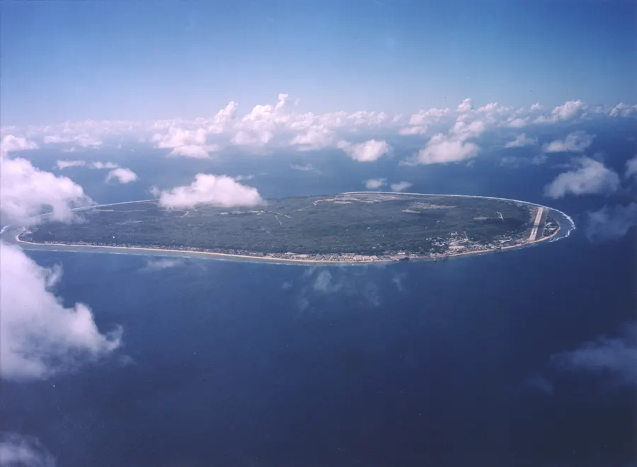 Nauru from the air, 1999: the whole island is about 21 square kilometres.