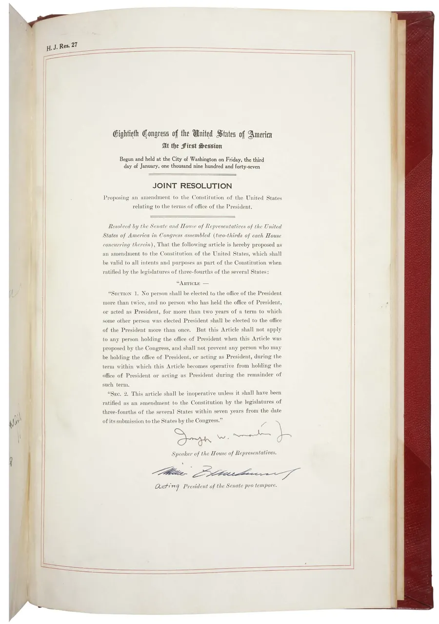 The joint resolution proposing the 22nd Amendment, held by the US National Archives.