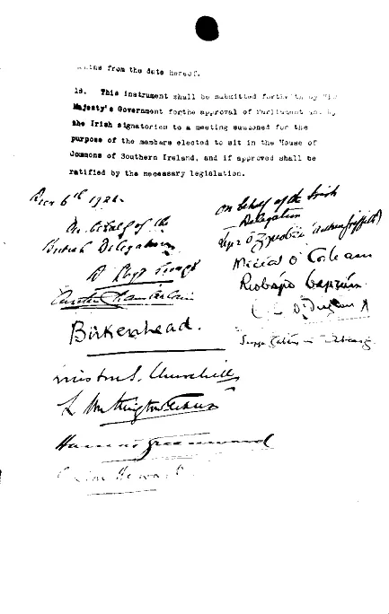 The signatures on the last page of the Anglo-Irish Treaty.