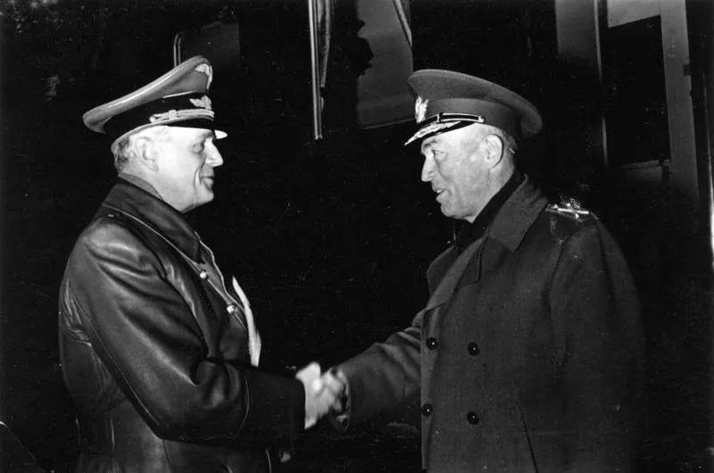 Ion Antonescu (right) greeted by the German foreign minister Joachim von Ribbentrop, January 1943.