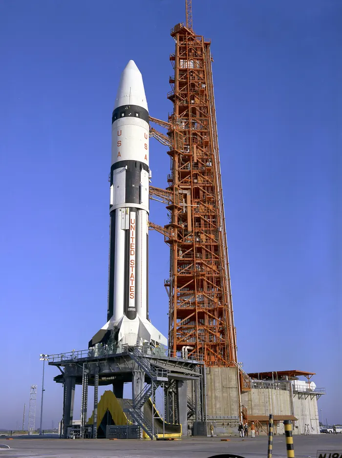 The Saturn IB rocket for Apollo 5 on its launch pad at Cape Kennedy, 22 January 1968.