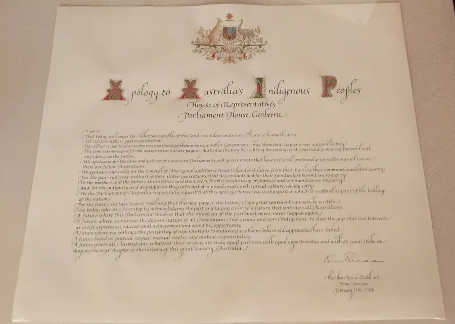 The text of the Apology to Australia's Indigenous Peoples, displayed at Parliament House, Canberra.