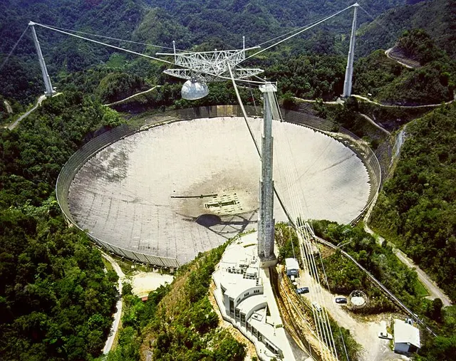The Arecibo radio telescope in Puerto Rico, seen from the air in 2012.