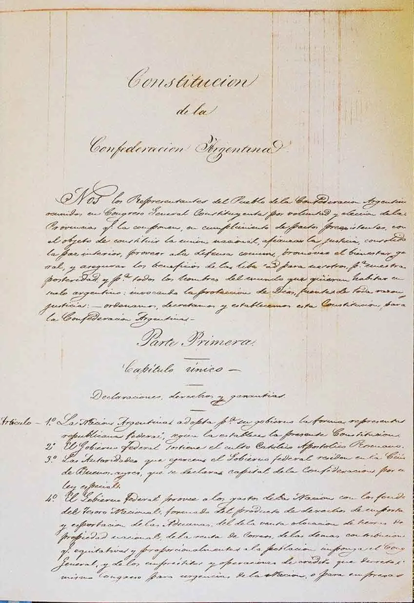 The first page of the constitution of the Argentine Confederation, 1853.