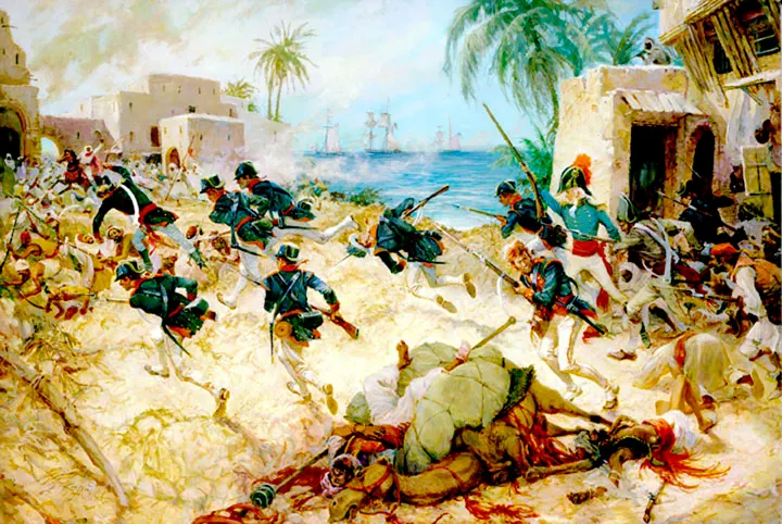 The assault on Derna, painted by the Marine Corps artist Charles Waterhouse (Marine Corps Art Collection).