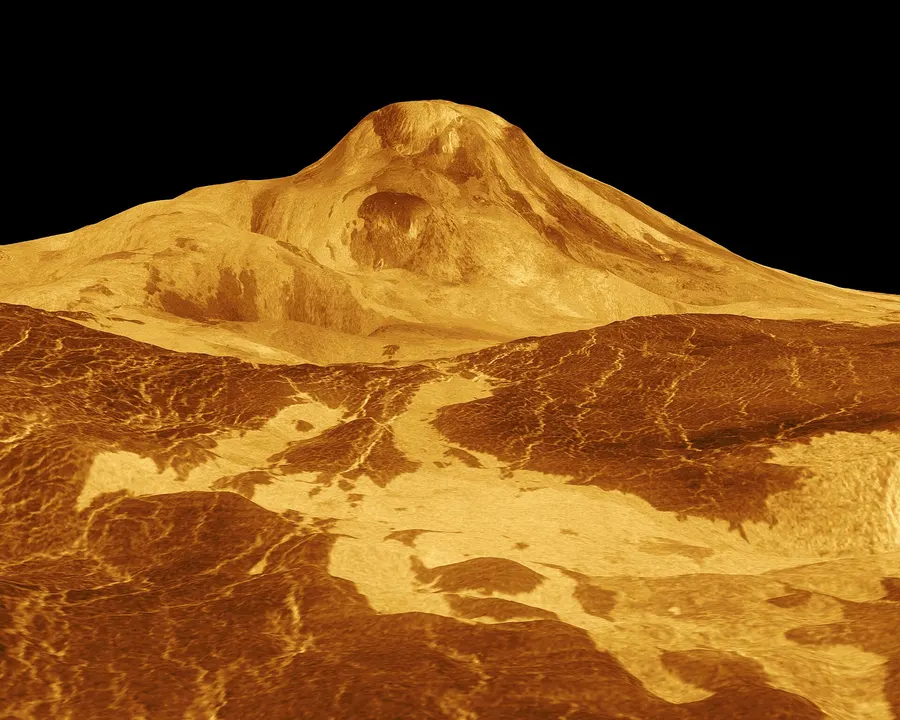 Maat Mons, a volcano on Venus, in a three-dimensional view built from Magellan's radar data, with the height exaggerated