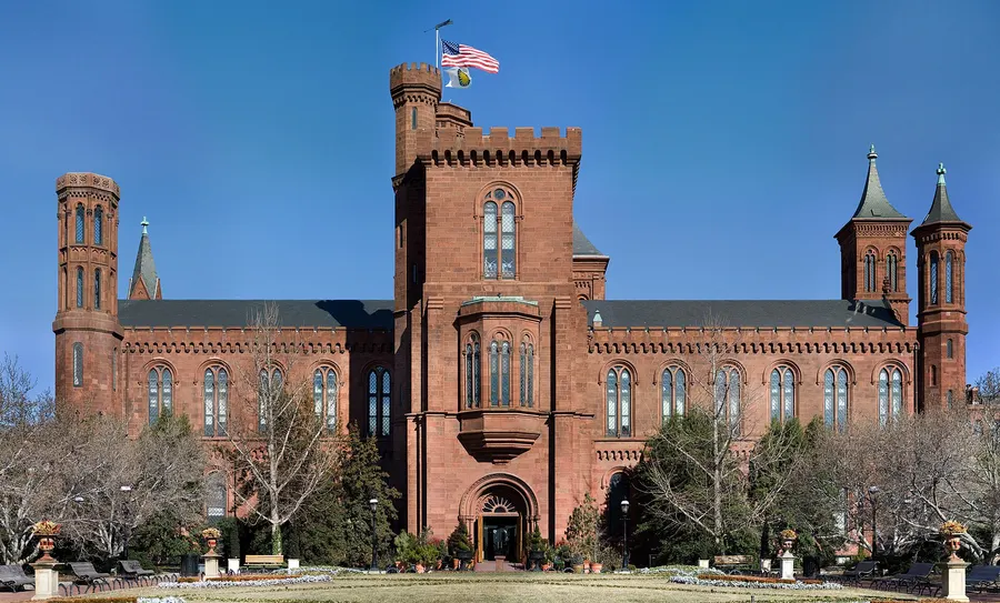 The Smithsonian Institution Building, the red sandstone 'Castle' on the National Mall, completed in 1855