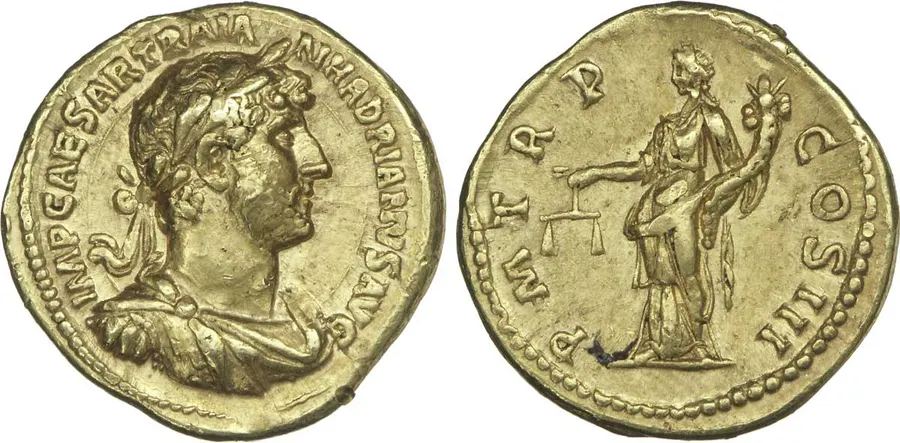 Both sides of a gold aureus of the emperor Hadrian