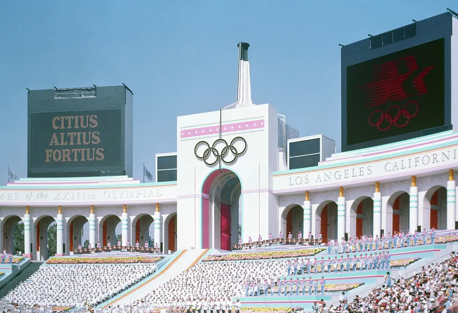 The Olympic rings on the torch tower of the Los Angeles Memorial Coliseum, where the 1984 marathon finished, photographed on the opening day of the Games