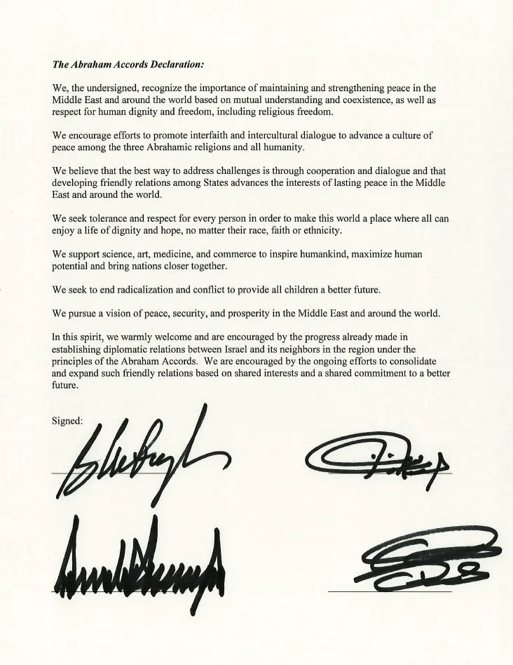 The Abraham Accords declaration, signed at the White House on 15 September 2020