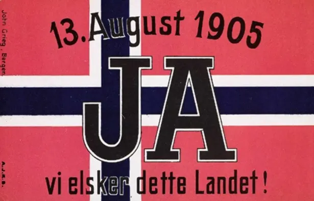 A postcard for the referendum of 13 August 1905, with the word JA (yes) over the Norwegian flag