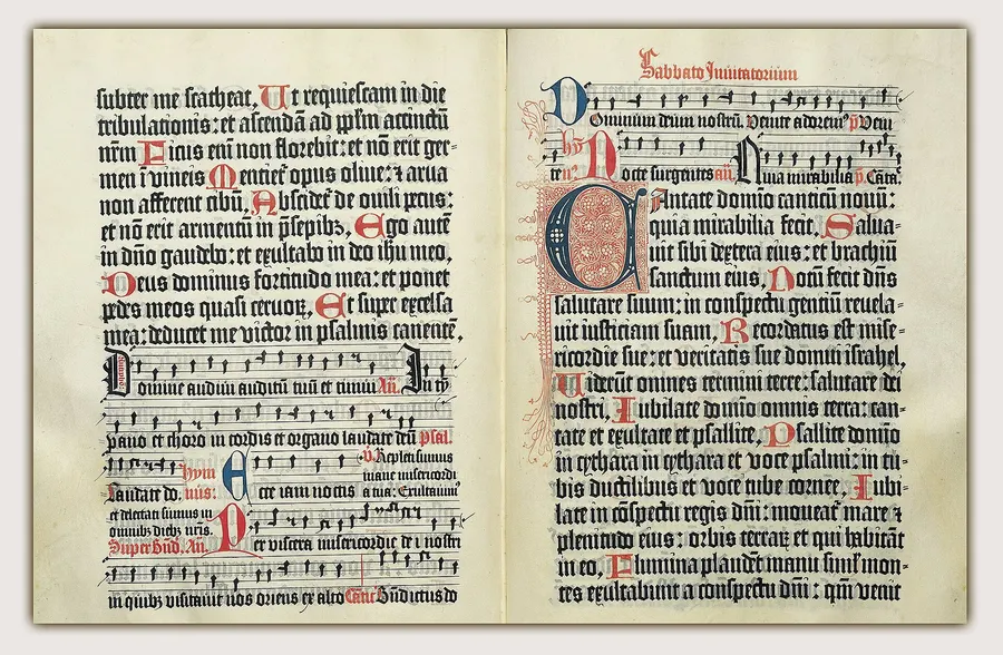 An opening of the Mainz Psalter, printed by Johann Fust and Peter Schöffer in 1457, with its red and blue initials