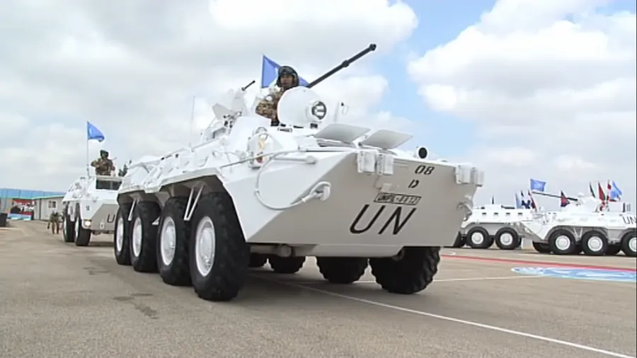 White-painted armoured vehicles of the Indonesian contingent of UNIFIL, the UN force in southern Lebanon
