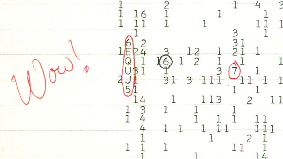 A copy of the Big Ear computer printout of the 'Wow!' signal, with Jerry Ehman's note in red