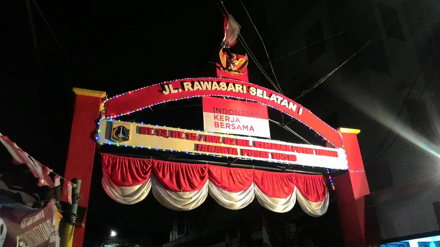 A gateway on Jalan Rawasari in Jakarta, decorated in red and white for 17 August, Indonesia's Independence Day