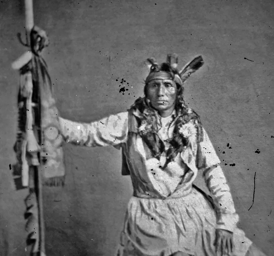 Taoyateduta, also called Little Crow, the Dakota leader who agreed to lead the war, photographed in Washington in 1858