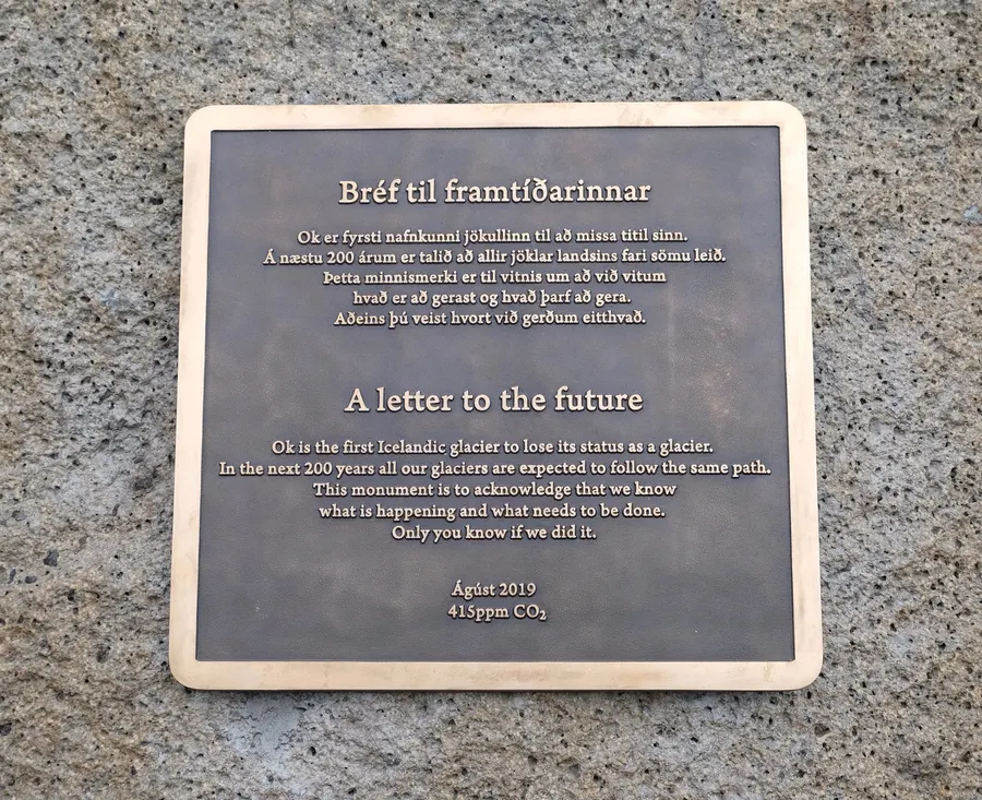 The memorial plaque to Okjökull on a bare rock where the glacier once lay