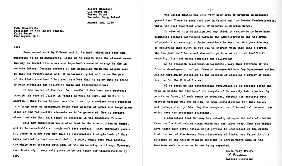 The two pages of the letter signed by Albert Einstein and dated 2 August 1939, warning President Roosevelt that atomic bombs might be built