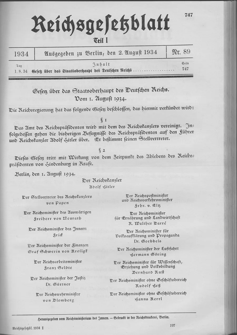 The Reich Law Gazette issued in Berlin on 2 August 1934, printing the Law on the Head of State of the German Reich dated 1 August
