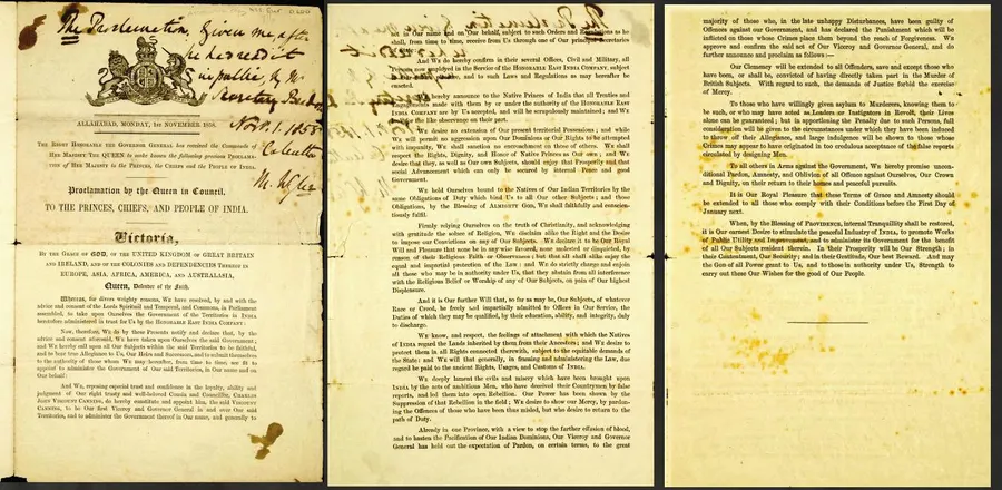 A printed copy of Queen Victoria's proclamation of 1858, announcing that the Crown had taken over the government of India