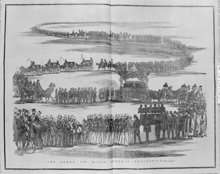 The funeral procession for Burke and Wills in Melbourne in January 1863, from the Illustrated Melbourne Post