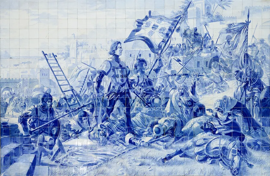 The capture of Ceuta, with Prince Henry the Navigator, in a 20th-century tile panel by Jorge Colaço at São Bento station in Porto