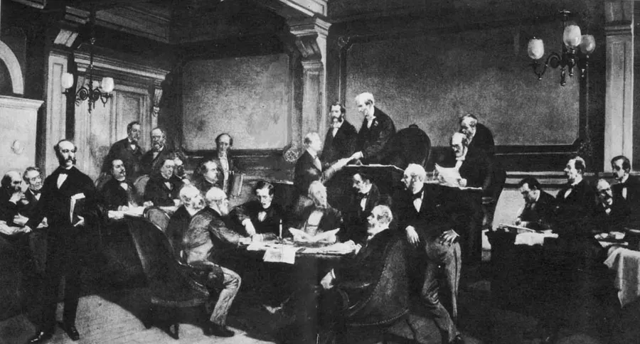 The signing of the first Geneva Convention in 1864, in a painting by Charles Édouard Armand-Dumaresq
