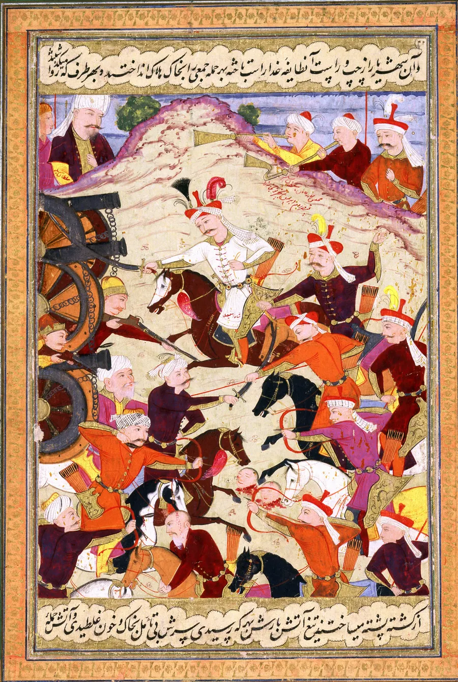 Shah Ismail at the Battle of Chaldiran, in a 17th-century Persian manuscript painting by Muin Musavvir