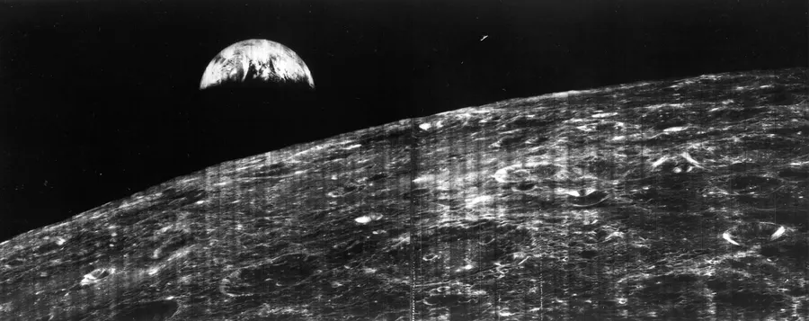 The first picture of Earth taken from lunar orbit, by Lunar Orbiter 1 on 23 August 1966 (NASA)