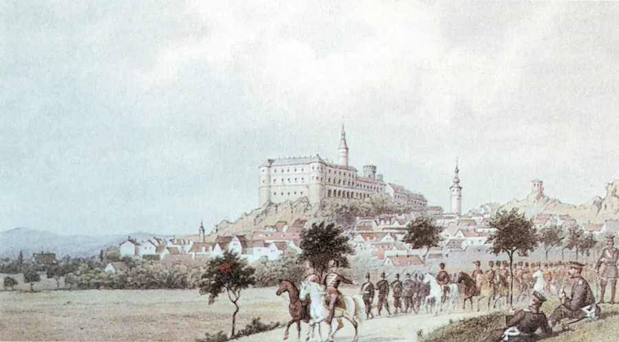 Prussian troops at Nikolsburg, where the preliminary peace was agreed, in a lithograph of 1866