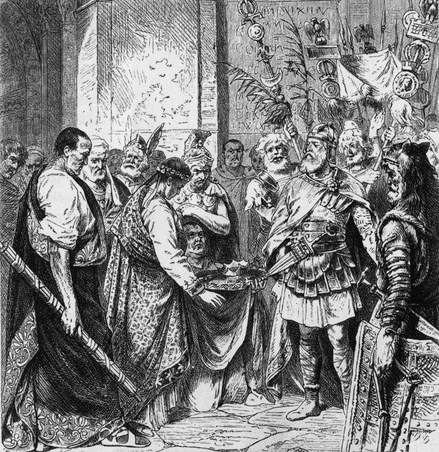 Romulus Augustulus gives up the crown to Odoacer, in a much later engraving by B. Mörlins