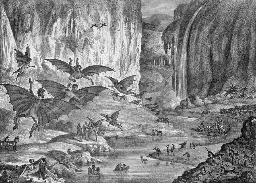 Lunar animals and other objects supposedly discovered by Sir John Herschel, a print made on the back of the Sun's moon stories