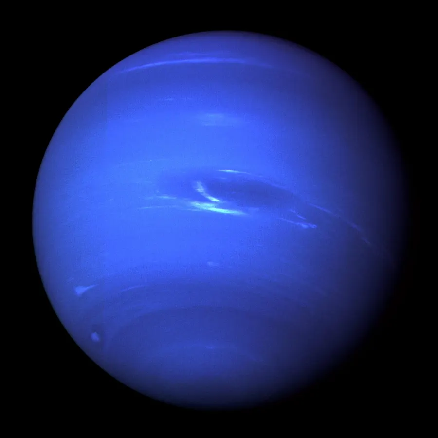 Neptune in an enhanced-colour picture made from Voyager 2's last whole-planet images, showing the Great Dark Spot