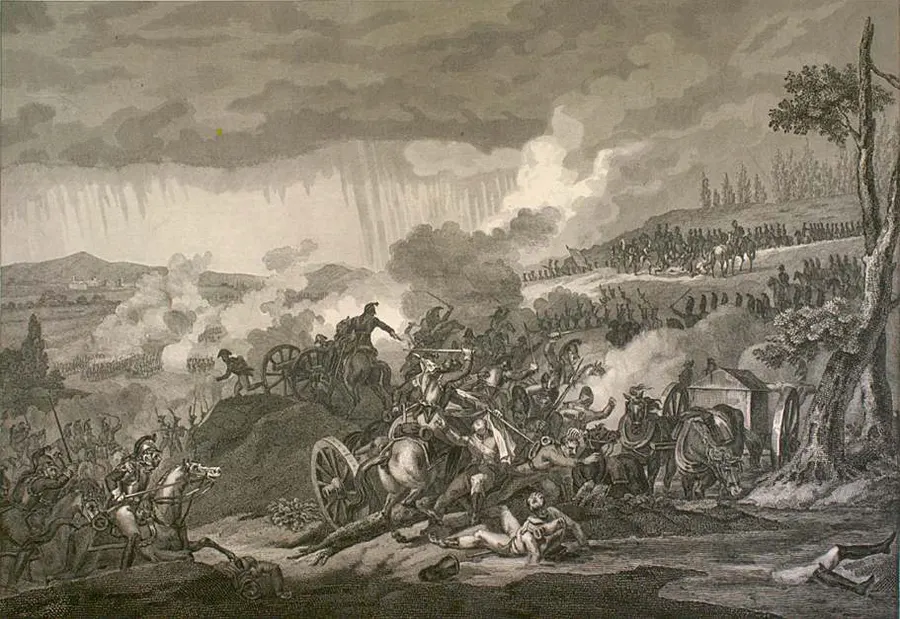 French cavalry attacking at the Battle of Dresden, 27 August 1813, in an engraving after Thomas Charles Naudet