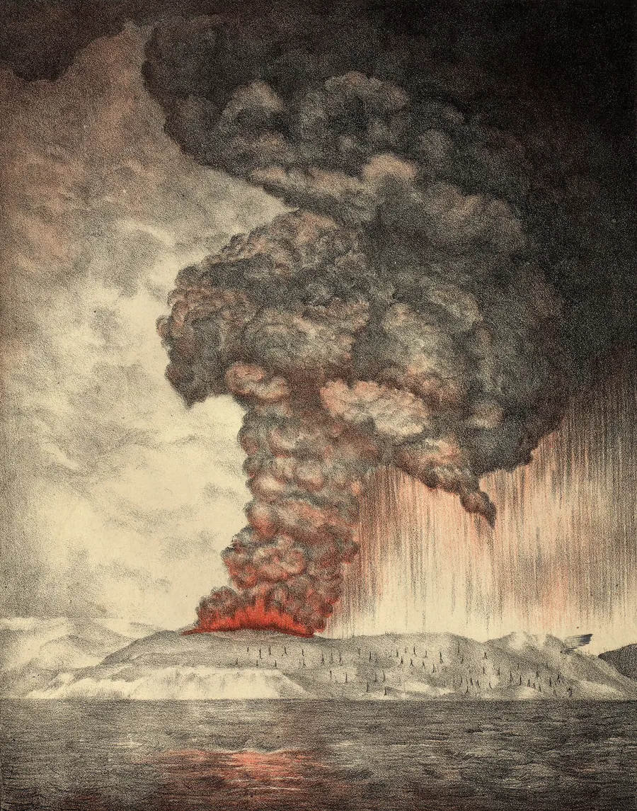 The eruption of Krakatoa in an 1888 lithograph