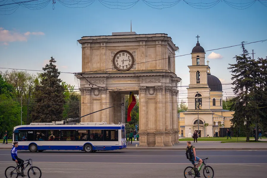 The Triumphal Arch and the cathedral bell tower in the centre of Chișinău