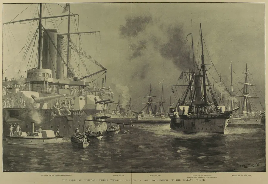 British warships bombarding the Sultan's palace at Zanzibar, from the Illustrated London News of 1896