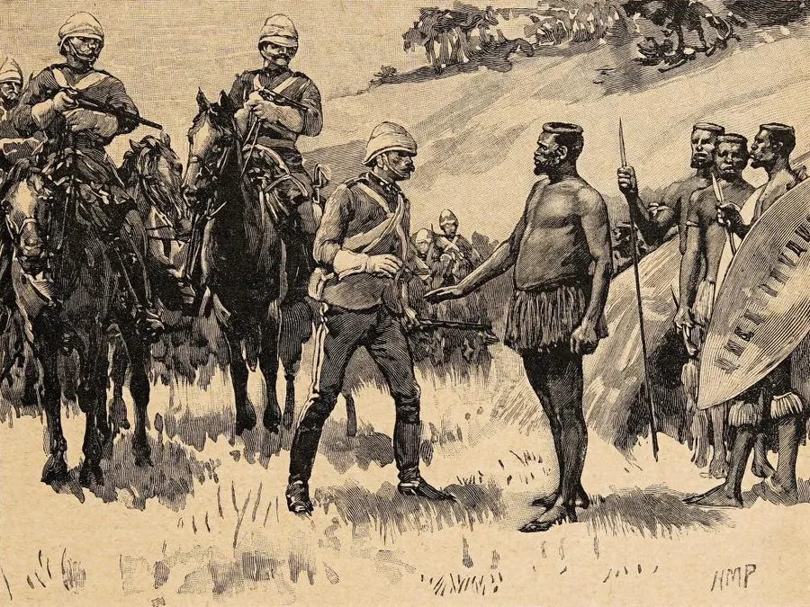 The Surrender of Cetewayo, an illustration by Henry Marriott Paget showing the Zulu king facing British cavalry