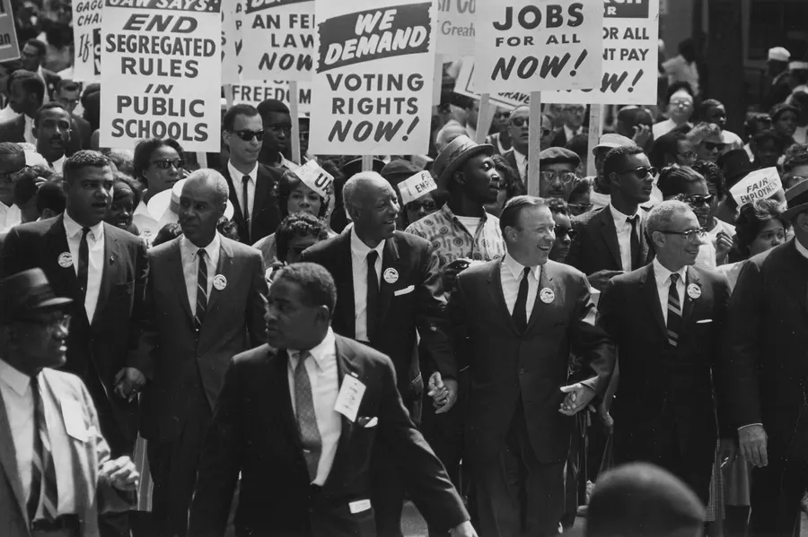 Leaders of the March on Washington walk from the Washington Monument towards the Lincoln Memorial on 28 August 1963, in a photograph held by the US National Archives