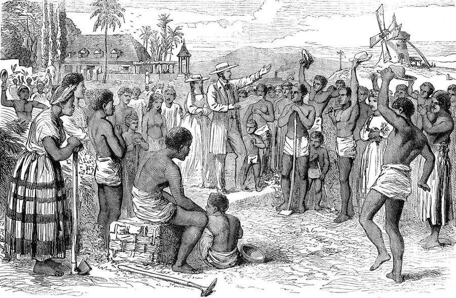 An engraving of enslaved people on a plantation in the British West Indies hearing the news of their emancipation under the Slavery Abolition Act