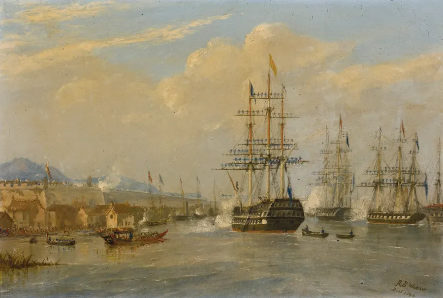 HMS Cornwallis and the British squadron under the walls of Nanjing, saluting the peace treaty, in a painting by Rundle Burges Watson