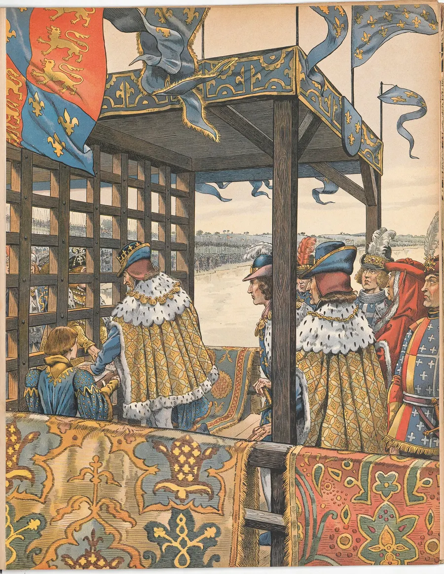 Louis XI and Edward IV meet on the bridge at Picquigny, talking through a wooden grille, in an illustration by Job from an early 20th-century French history book
