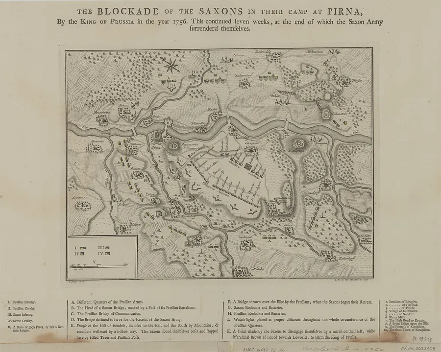 A map of the Prussian blockade of the Saxon army in its camp at Pirna in 1756, engraved in 1759