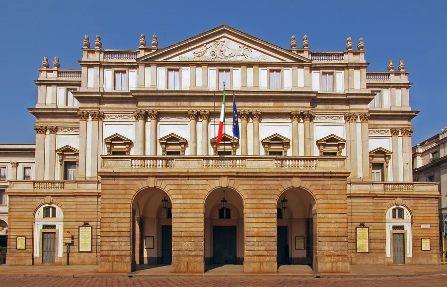 The neoclassical front of the Teatro alla Scala in Milan, designed by Giuseppe Piermarini