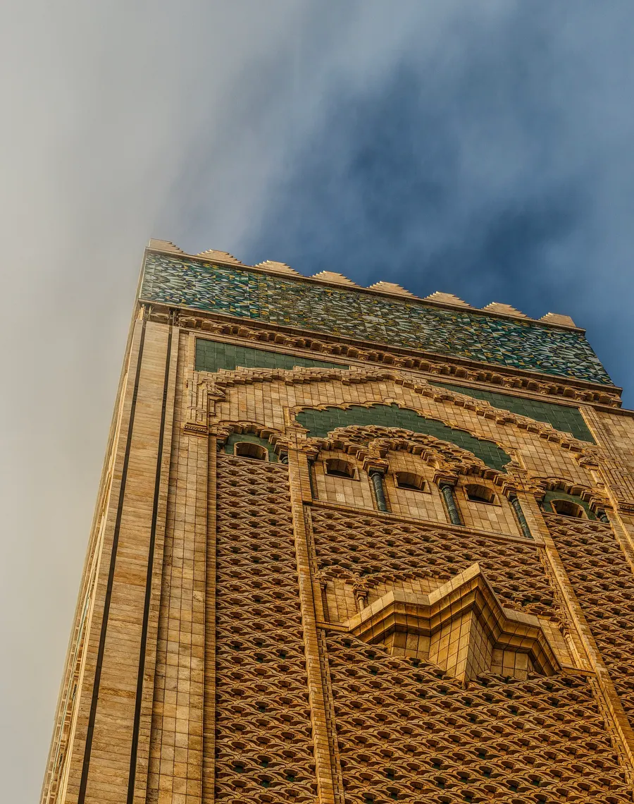The minaret of the Hassan II Mosque in Casablanca, seen from below