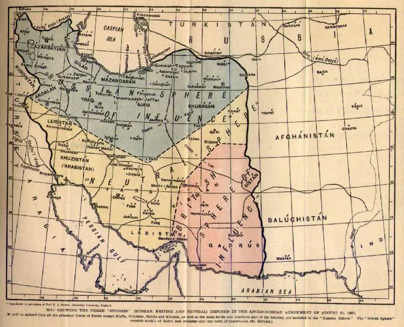 A map from Edward Granville Browne's history of the Persian revolution showing the Russian and British spheres in Persia under the 1907 convention