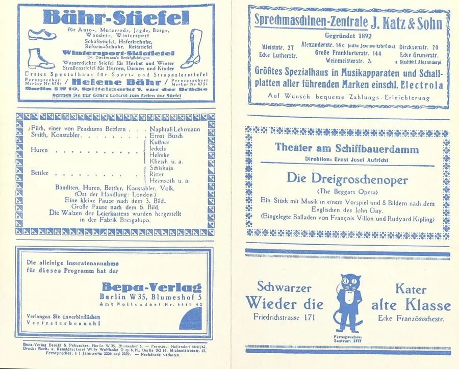 The playbill for the first production of Die Dreigroschenoper at the Theater am Schiffbauerdamm, Berlin, 1928